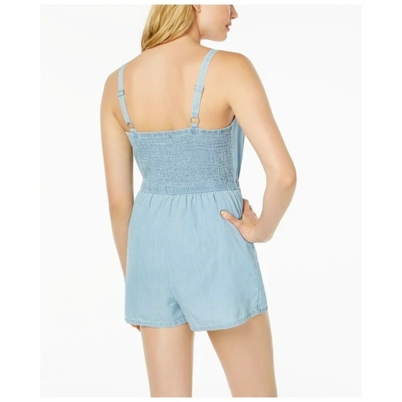 As U Wish Chambray Denim Cotton Tie Front Romper in Sky Blue Small - Picture 2 of 13